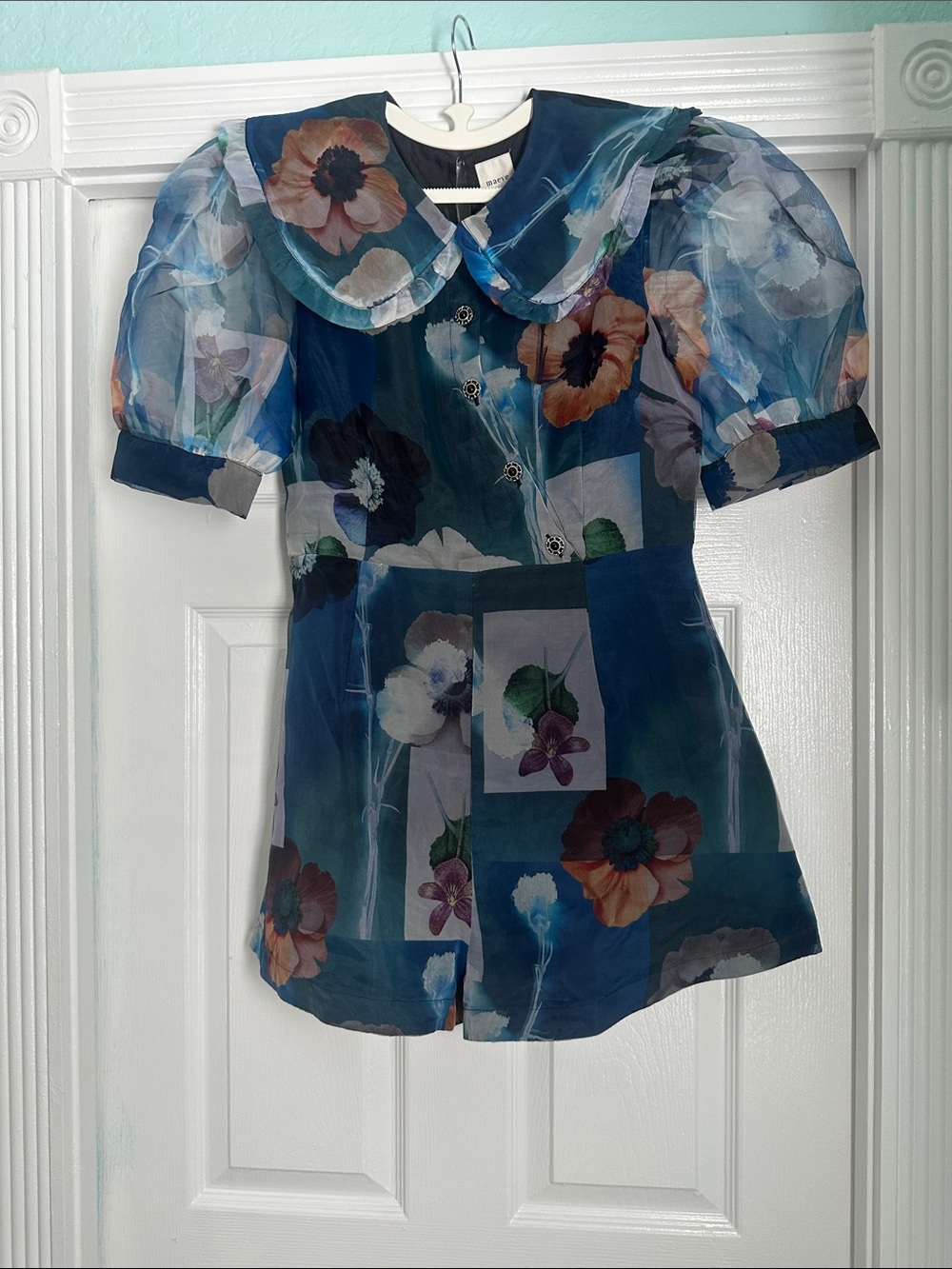 Maeve Sheer Blue Floral Puff-Sleeve Blouse